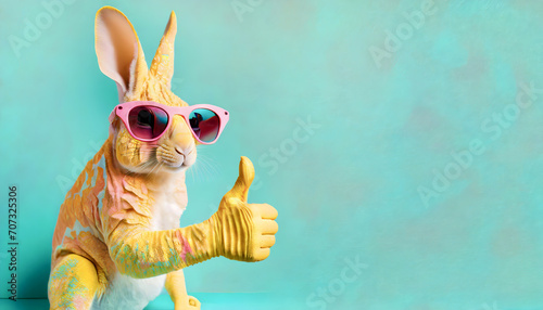 osterhase, bunny, ostern, thumbs, up, neu, reklame, spaß, close up, hintergrund, copy space, werbefläche, sonnenbrille, türkis, gelb, pink, hase, karte, frohe photo