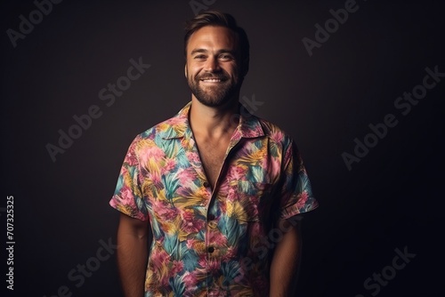 Portrait of a handsome young man in colorful shirt over dark background