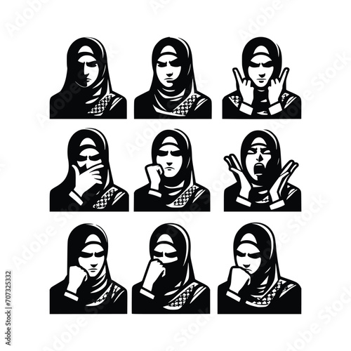 set of muslim girl face with hijab silhouette vector black and white