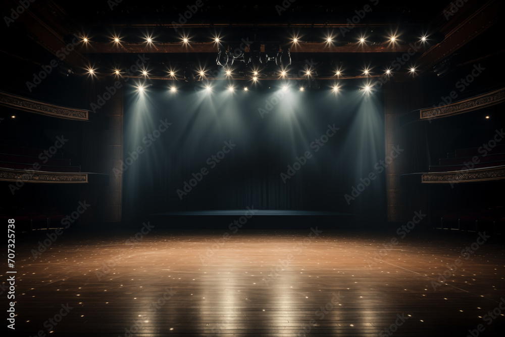 An empty theater stage illuminated by spotlights before a performance. on a bright background - obrazy, fototapety, plakaty 