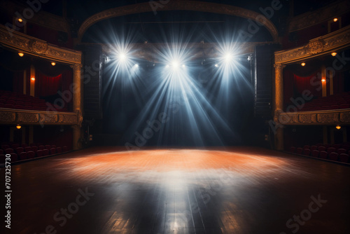 An empty theater stage illuminated by spotlights before a performance. on a bright background © ERiK