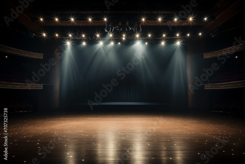 An empty theater stage illuminated by spotlights before a performance. on a bright background