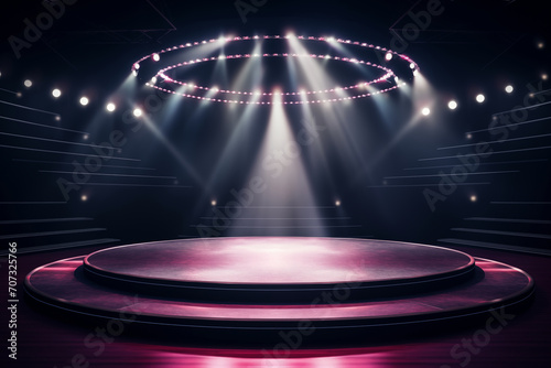 An empty theater stage illuminated by spotlights before a performance. round podium on a bright background