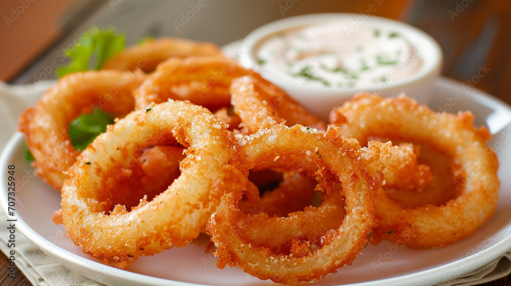 Onion rings in a beautiful batter, a Beautiful presentation. Homemade food, restaurant, Czech cuisine. Beautiful background.
