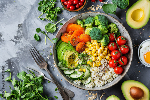 Healthy salad bowl with quinoa, avocado, chickpeas, tomatoes, cucumber, corn and spinach, Generative Ai photo