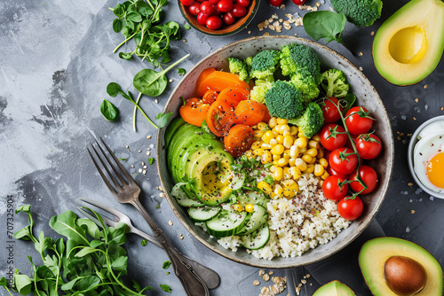 Healthy salad bowl with quinoa, avocado, chickpeas, tomatoes, cucumber, corn and spinach, Generative Ai