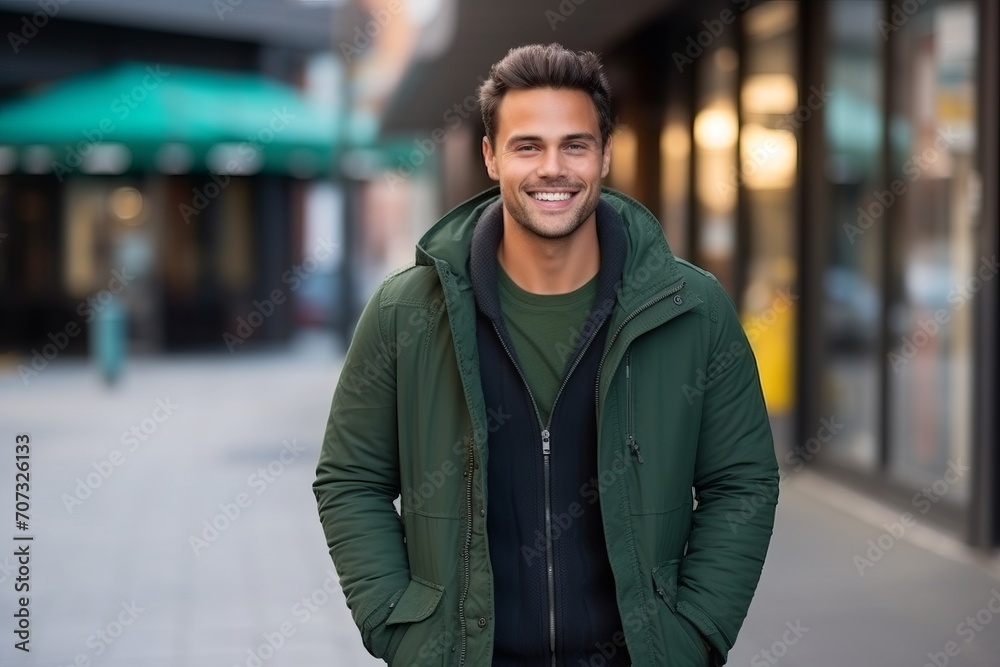Portrait of a handsome young man smiling while standing in the street.