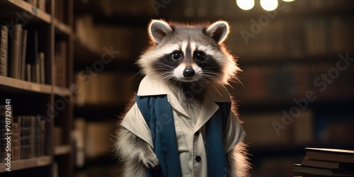 A raccoon standing in front of a bookshelf in a library. Generative AI.