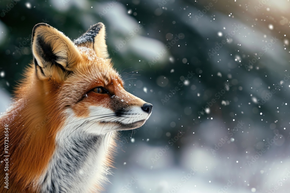 Red fox portrait on forest background in winter with copy space Red fox portrait on forest background in winter with copy space