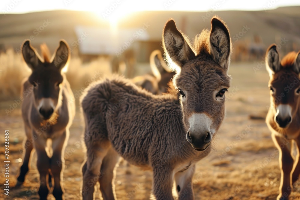 Baby donkeys in pasture in golden hour