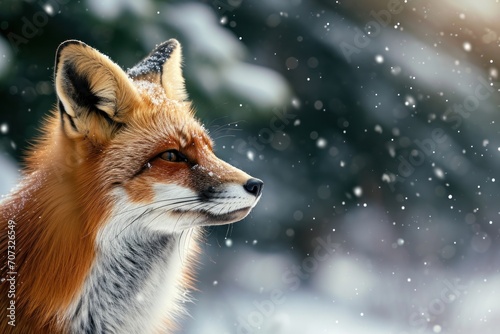 Red fox portrait on forest background in winter with copy space  © Mariia