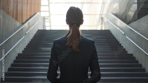 A professional businesswoman in formal attire stands at the base of a large, daunting staircase, symbolizing the significant challenges and obstacles women face in the corporate world