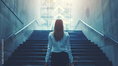 A professional businesswoman in formal attire stands at the base of a large, daunting staircase, symbolizing the significant challenges and obstacles women face in the corporate world photo