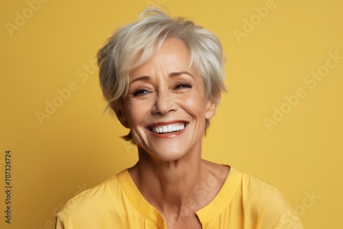 Cheerful senior woman looking at camera and laughing while standing against yellow background