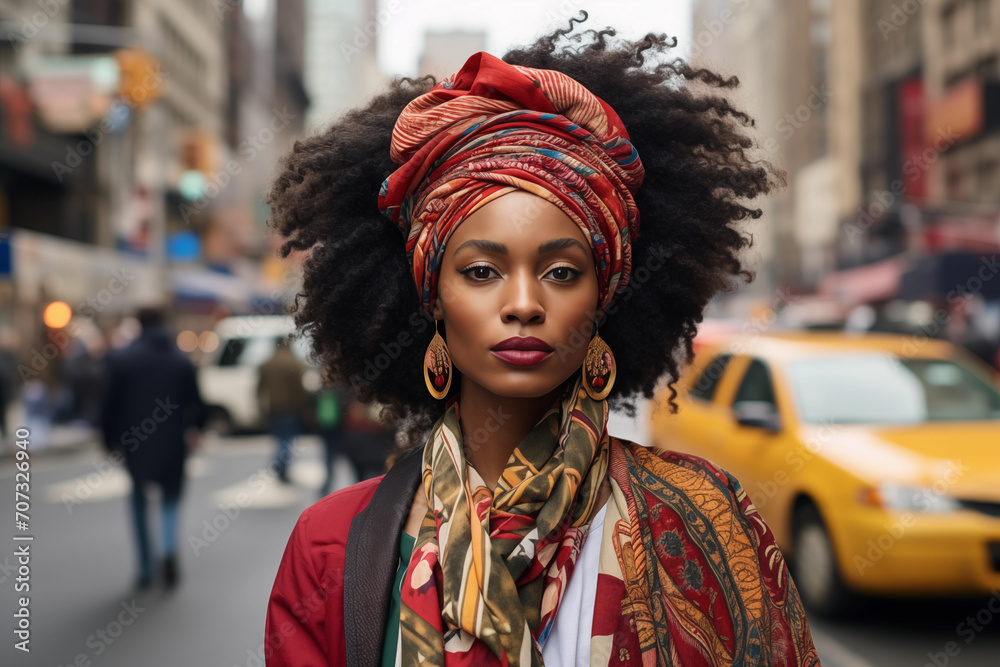 Fashionable African American woman with afro hairstyle wearing a red scarf in the city