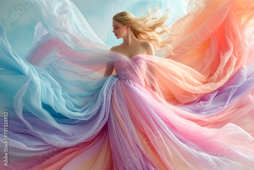 An artistic fashion portrait showcasing a beautiful young woman draped in a flowing gown of soft light pastel colors photo