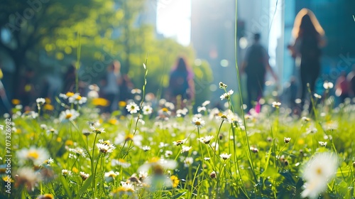 A lush urban green space flourishes with vibrant wildflowers, showcasing biodiversity amidst the concrete jungle of a bustling city center. photo