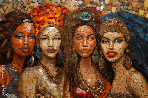Mosaic multi-colored portrait of girls of different nationalities in national dresses. photo