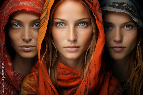 Portrait of three beautiful women with scarves on head. Studio shot.