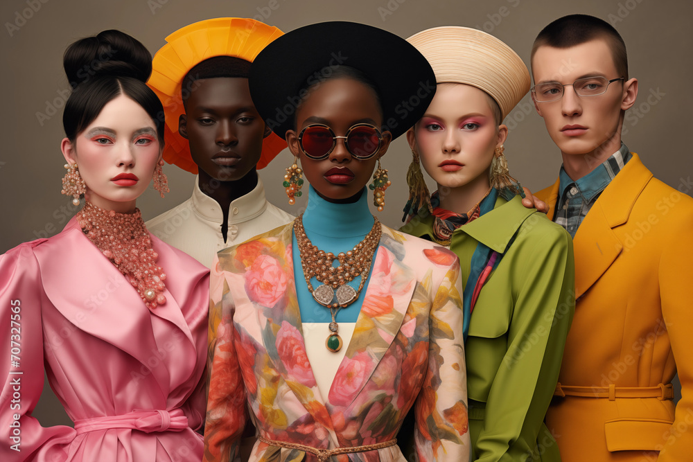 Group of fashion women and men in colorful clothes posing at studio. Diverse ethnicities