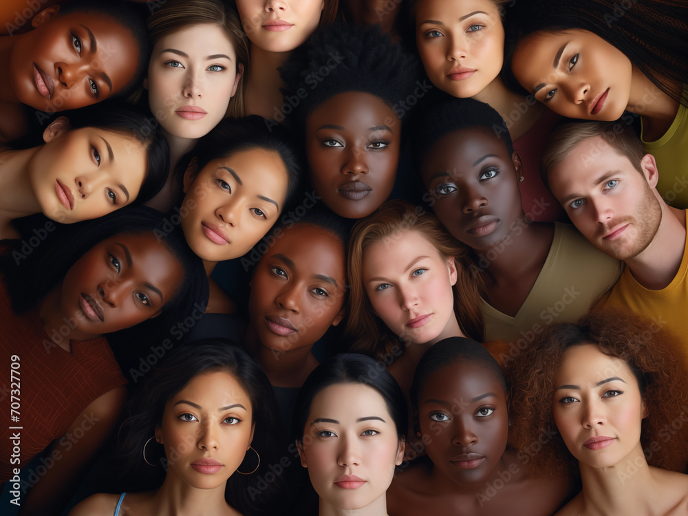 Group of multiethnic women and men looking at camera, top view