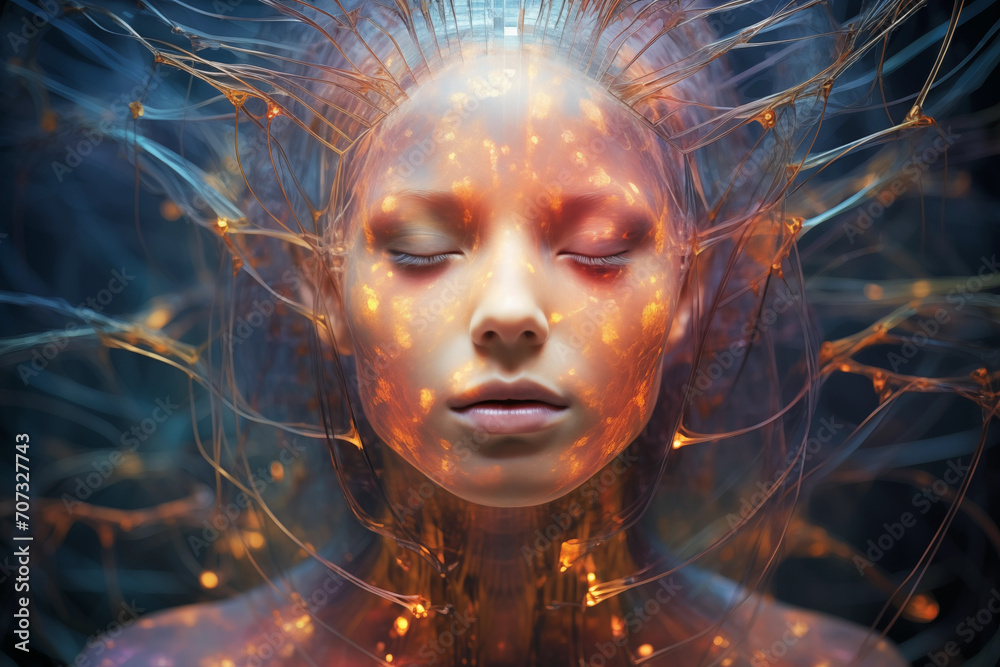 Portrait of female face with fire flames in her hair with a lot of wires coming from the body Portrait of female face with fire flames in her hair with a lot of wires coming from the body