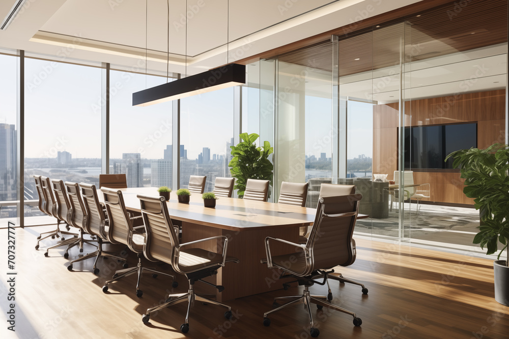Interior of modern meeting room with panoramic city view.