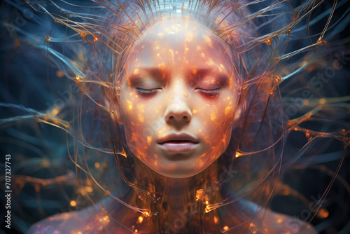 Portrait of female face with fire flames in her hair with a lot of wires coming from the body