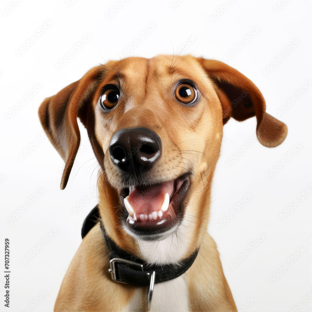 Funny surprised dog isolated on white background. Studio portrait of a dog with amazed face. Funny surprised dog isolated on white background. Studio portrait of a dog with amazed face.