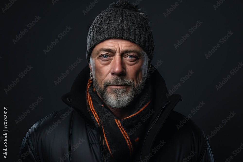 Portrait of a senior man with a gray beard wearing a warm hat and jacket on a dark background. Portrait of a senior man with a gray beard wearing a warm hat and jacket on a dark background.