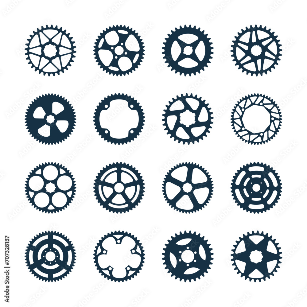Set of bike sprockets icon in black silhouette. Gear mechanism elements collection. Vector illustration isolated on white background. - obrazy, fototapety, plakaty 