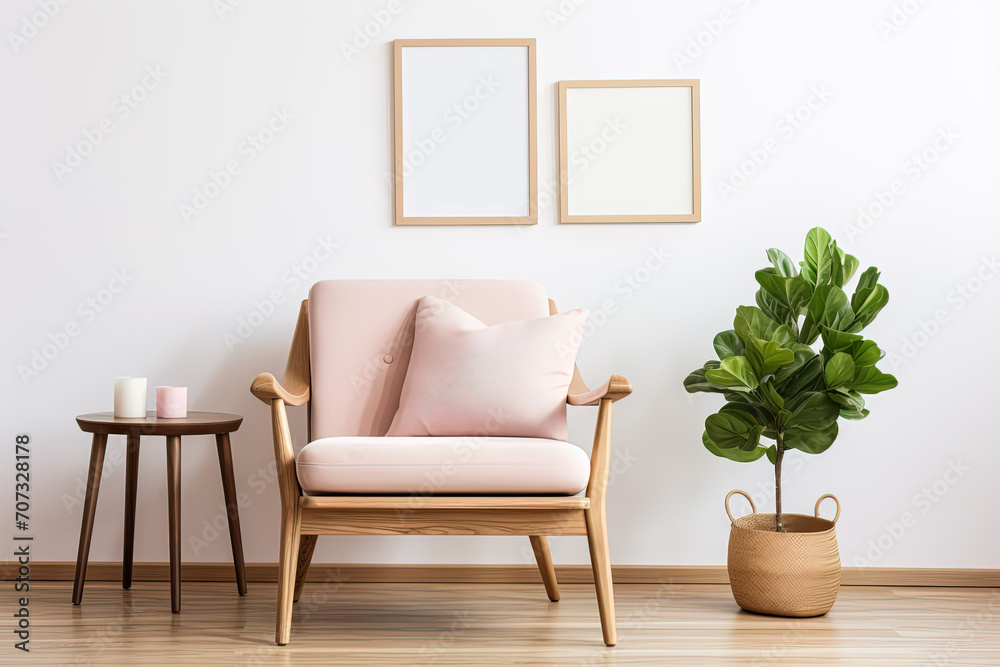 mockup picture frame on wall in minimalist light interior with pastel pink armchair, small table and houseplant