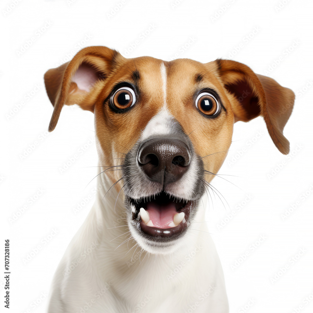 A dog with a surprised expression on its face. Jack russell terrier showing surprise or shock. Funny surprised dog isolated on white background.