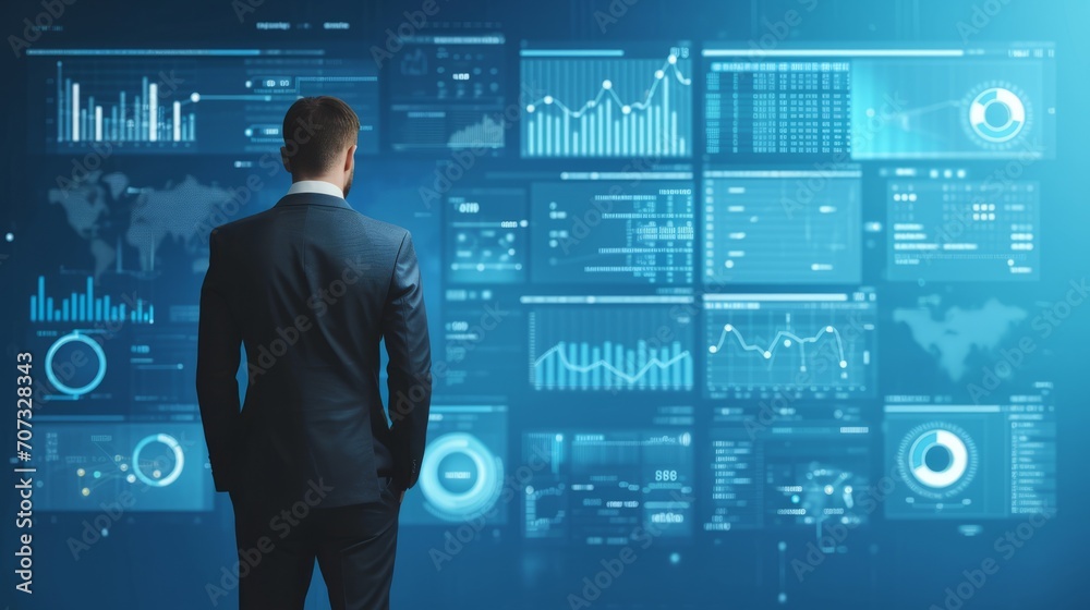 businessman in a suit standing in front of a computer screen and icons on blue, technology and business concept. businessman in a suit standing in front of a computer screen and icons on blue, technology and business concept.