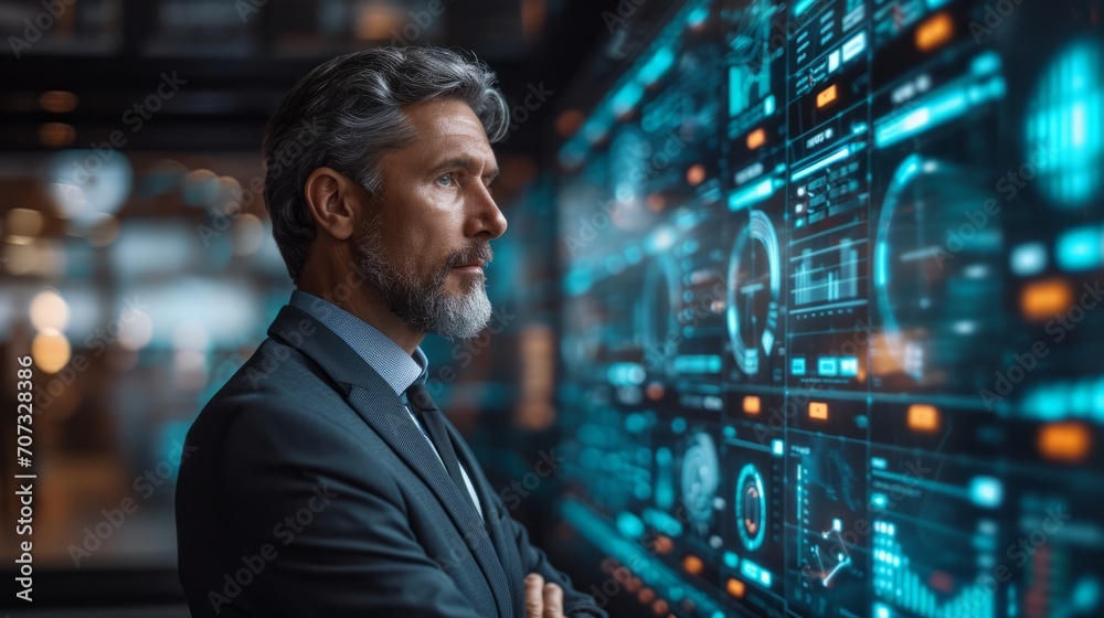 businessman in a suit standing in front of a computer screen and icons on blue, technology and business concept. businessman in a suit standing in front of a computer screen and icons on blue, technology and business concept.