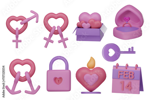 Valentines day 3d icon set , Romantic, calendar, lock, love , wedding ring on transparent background