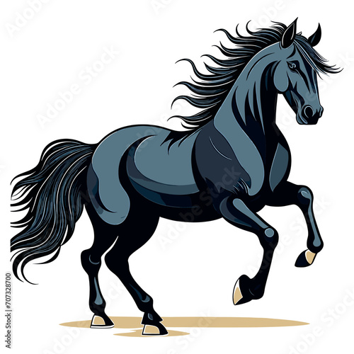 Black Friesian horse gallop Side view of thoroughbred horse running on field 