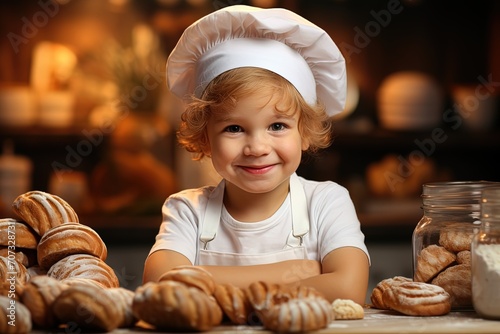 adorable smiling curly ginger girl in a white chef's hat cooking in kitchen on blurred background