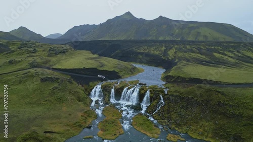 Serene waterfall landscape in the Icelandic Highlands photo