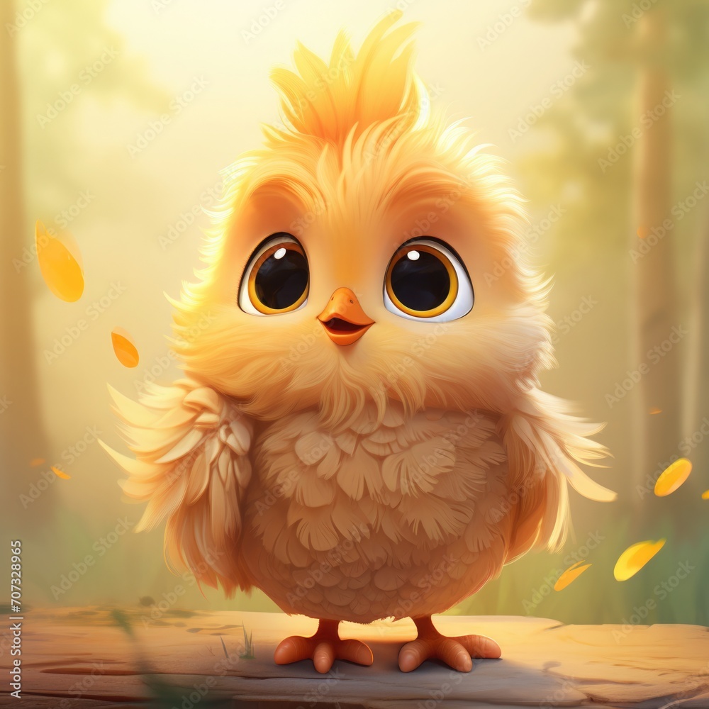 An adorable cartoon fluffy yellow chick with a full round body, big eyes, and tiny wings standing on two legs. children's book illustration style
