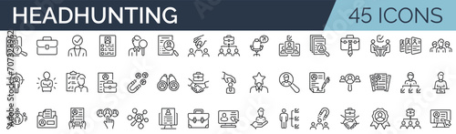 Set of 45 outline icons related to recruitment, employment. Linear icon collection. Editable stroke. Vector illustration