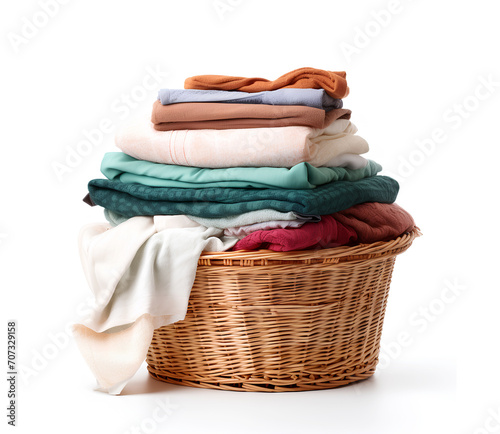 Large stack of clean clothes in basket isolated on white background.