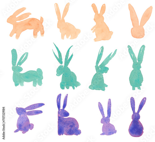 set of easter rabbits handmade Watercolor painting illustration