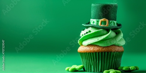 Delicious decorated cupcake decorated with St Patrick Shamrock green hat on wooden table, space for text. St. Patrick's Day celebration