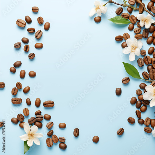 Creative layout made with coffee beans on bouqet  ultralightbaby blue , Flat lay. Spring minimal concept.