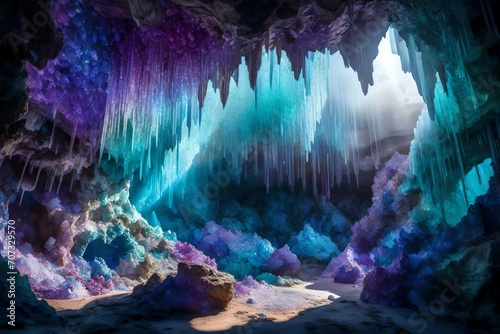 Iridescent crystals in shades of turquoise, amethyst, and sapphire set within a mystical cave illuminated by ethereal light. © Sidra