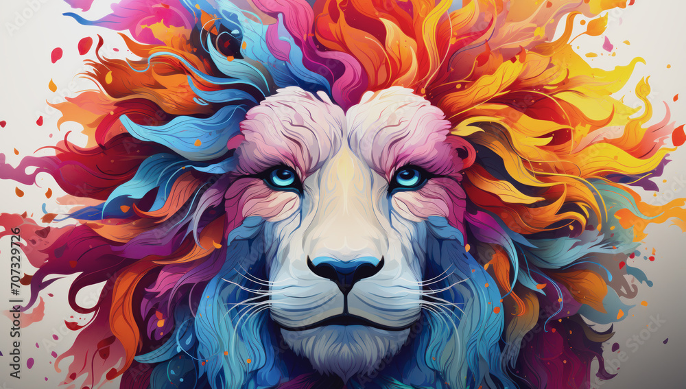 Illustration of lion head with creative colorful floral and splash elements on white background