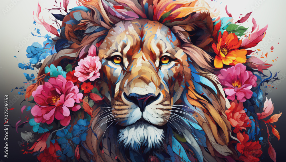 Illustration of lion head with creative colorful floral and splash elements on white background