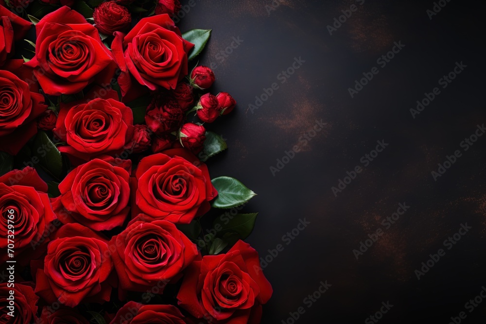 red roses border frame on dark wooden background top view, floral template with copy space red roses border frame on dark wooden background top view, floral template with copy space