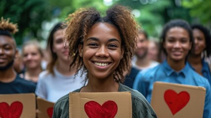 Awareness campaign for blood donation, diverse individuals holding signs with encouraging messages, in a public park, promoting the importance of donating blood.